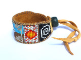 Beaded Chakana Incan Cross, Sun and Moon Cuff Bracelet on Deer Hide