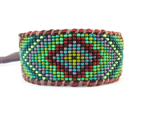 Geometric Mandala Men's Boho Cuff Bracelet on Chocolate Deer Hide Leather, Green and Purple Seed Beads