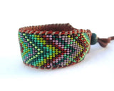 Geometric Mandala Men's Boho Cuff Bracelet on Chocolate Deer Hide Leather, Green and Purple Seed Beads