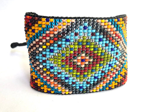 New Mandala Design Huichol Inspired Contemporary Rainbow Beaded Cuff