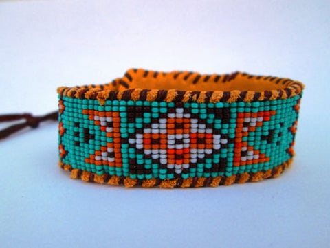Wetlands Native American Inspired, Beaded Blue, Orange And Brown Cuff Bracelet
